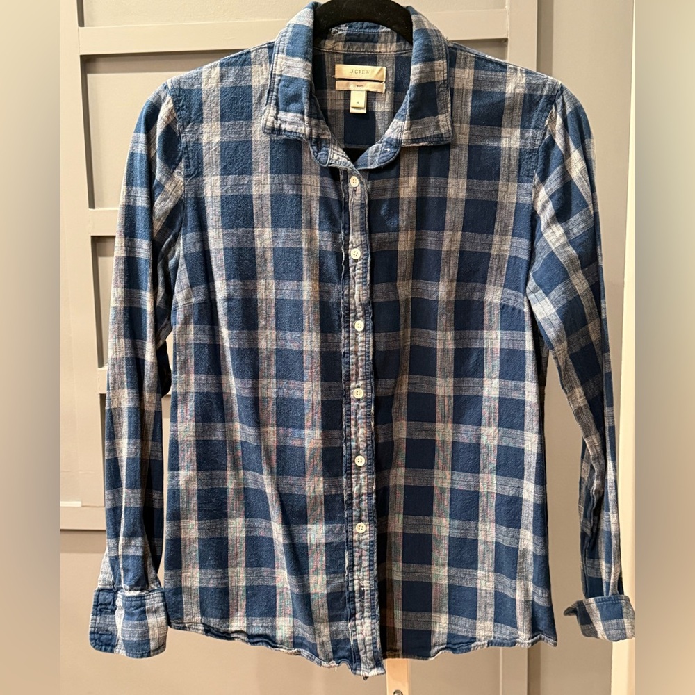 J. Crew Boy Fit Top Sz 4 Button Front Shirt Blouse Blue Check Plaid Cotton